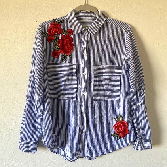 Rails Tops - Rails Womens Blouse Size XS Frances Banker Stripe Floral Patch Button Down Shirt